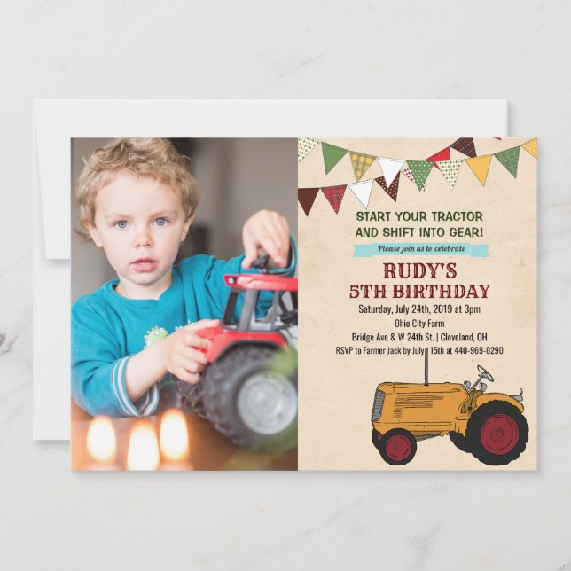 INVITACIÓN DE CUMPLEAÑOS DE TRACTOR ANTIGUO PARA C (Anverso)