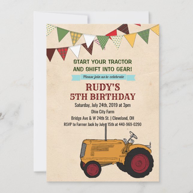 INVITACIÓN DE CUMPLEAÑOS DE TRACTOR ANTIGUO PARA C (Anverso)