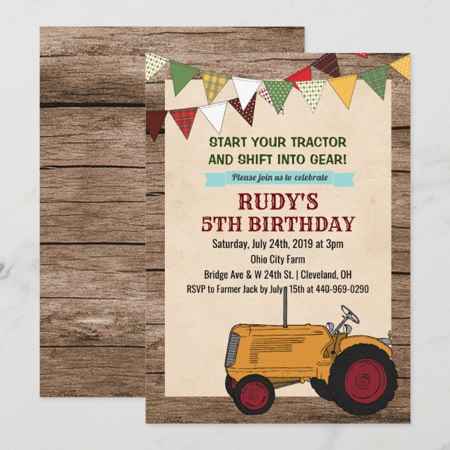 INVITACIÓN DE CUMPLEAÑOS DE TRACTOR ANTIGUO PARA C (Anverso / Reverso)