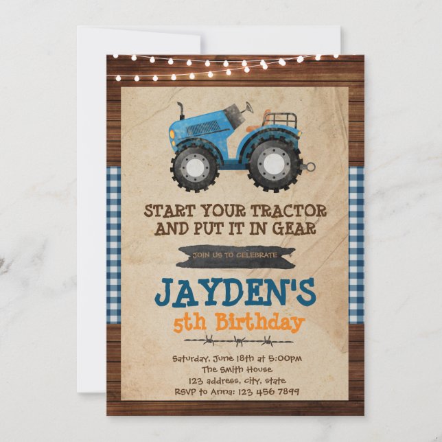 invitación de cumpleaños de tractor azul (Anverso)