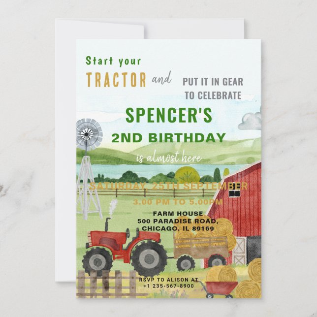 Invitación de cumpleaños de Tractor de granja edit (Anverso)