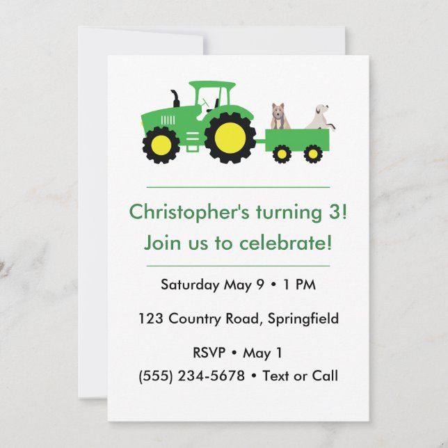 Invitación de cumpleaños de tractor de granja pers (Anverso)