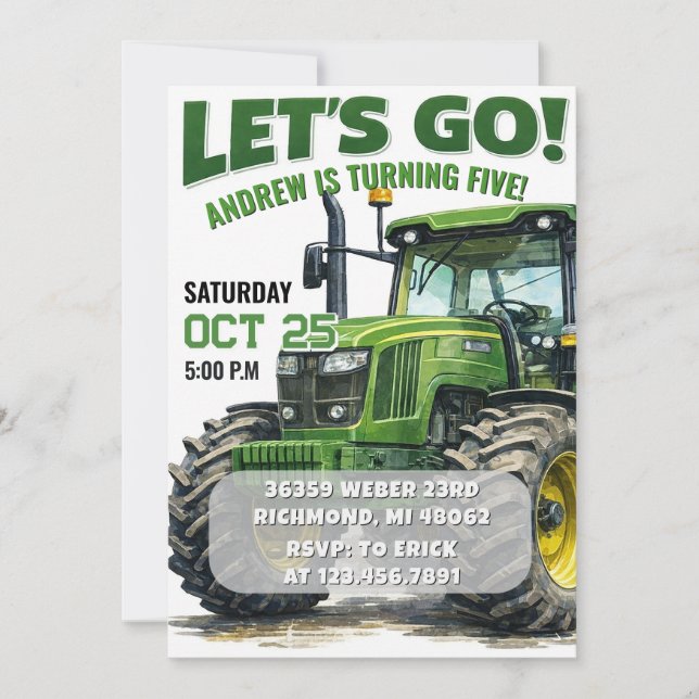 Invitación de cumpleaños de Tractor de Niño Person (Anverso)