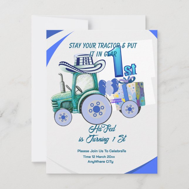 Invitación de cumpleaños de tractor editable, Invi (Anverso)