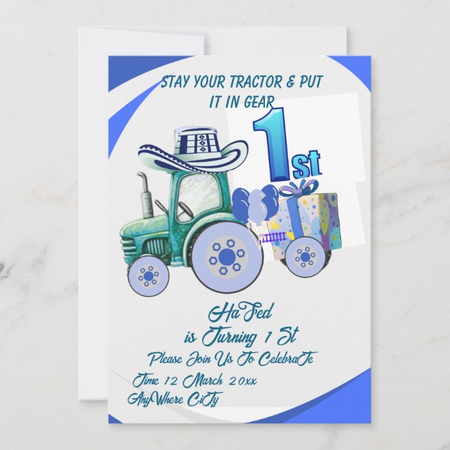 Invitación de cumpleaños de tractor editable, Invi (Anverso)