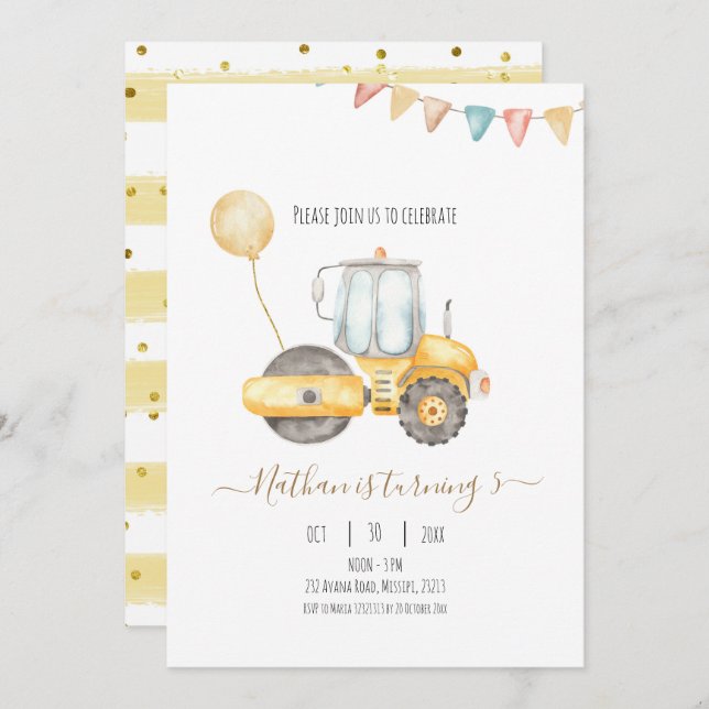 Invitación de cumpleaños de Tractor minimalista (Anverso / Reverso)