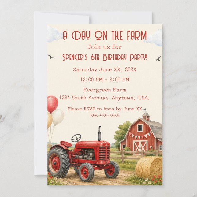Invitación de cumpleaños de tractor rojo acuarela  (Anverso)