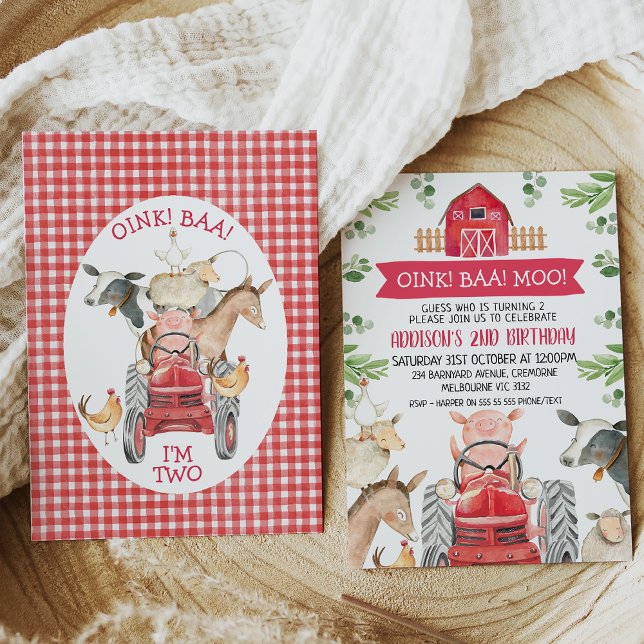 Invitación de cumpleaños de Tractor Rojo y Granja  (Kids red farm birthday invitation featuring a red barn, red tractor and various cute farm animals.)