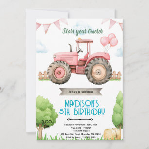 invitación de cumpleaños de tractor rosa