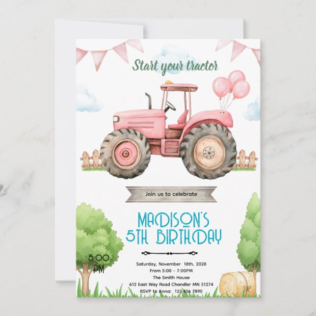 invitación de cumpleaños de tractor rosa (Anverso)