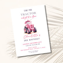 Invitación de cumpleaños de Tractor rosa editable