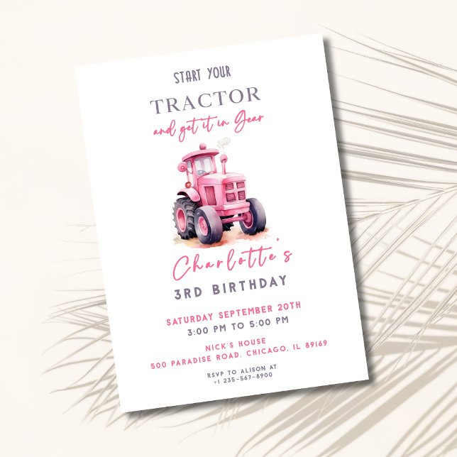 Invitación de cumpleaños de Tractor rosa editable (Subido por el creador)