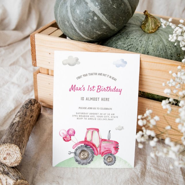 Invitación de cumpleaños de Tractor Rosado (Subido por el creador)