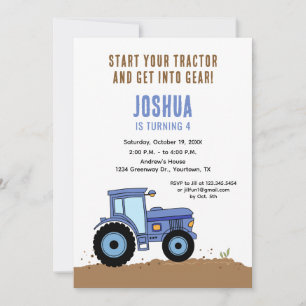 Invitación de cumpleaños de tractor tractor azul