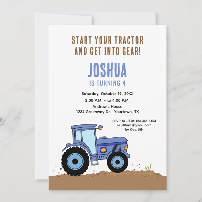 Invitación de cumpleaños de tractor tractor azul (Anverso)