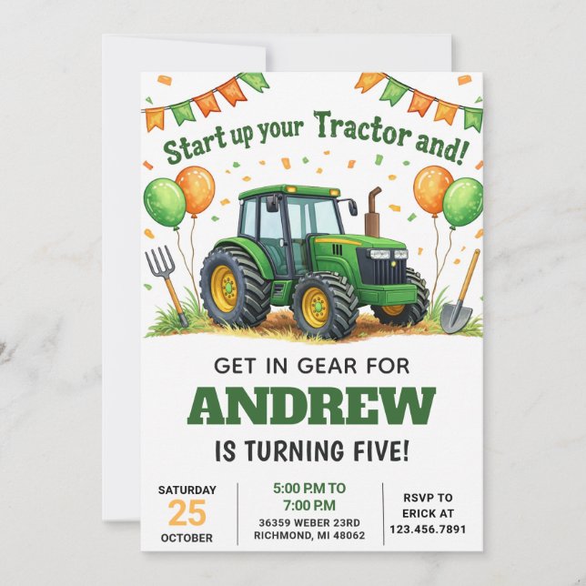 Invitación de cumpleaños de Tractor Verde Personal (Anverso)
