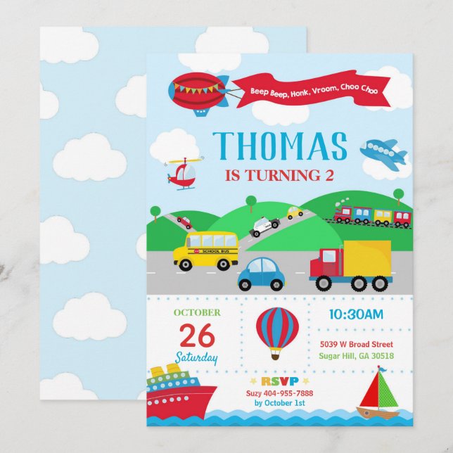 Invitación de cumpleaños de transporte (Anverso / Reverso)