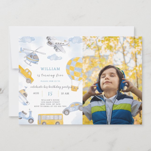 Invitación de cumpleaños de transporte con foto (Anverso)