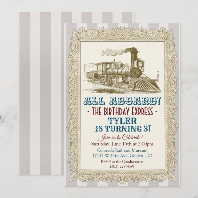INVITACIÓN DE CUMPLEAÑOS DE TREN ANTIGUO PARA CUAL (Anverso / Reverso)
