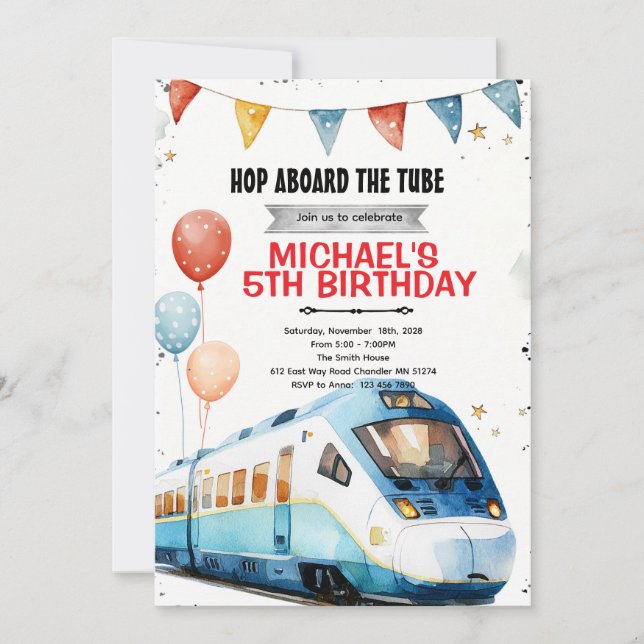 invitación de cumpleaños de tren de metro subterrá (Anverso)