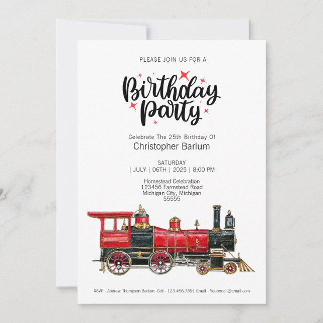 Invitación de cumpleaños de tren vintage estético (Anverso)