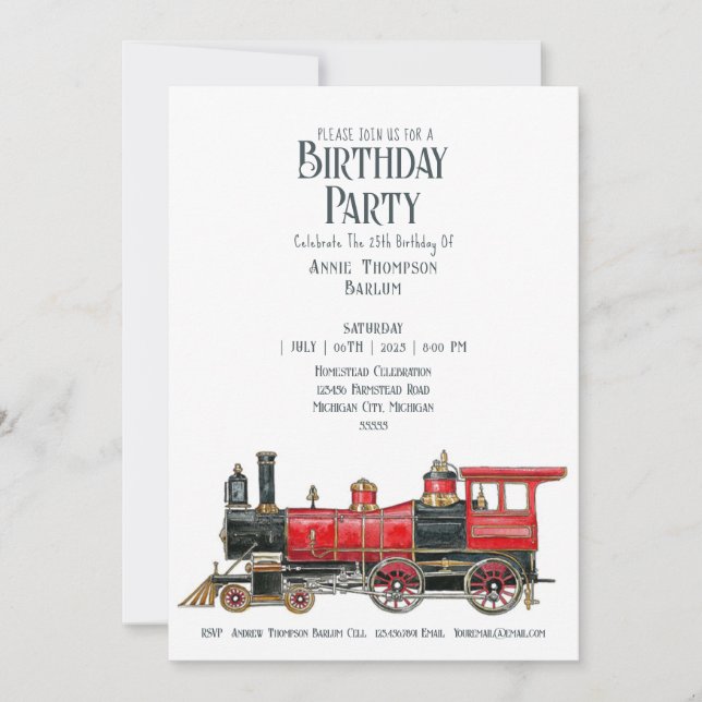 Invitación de cumpleaños de tren vintage estético (Anverso)