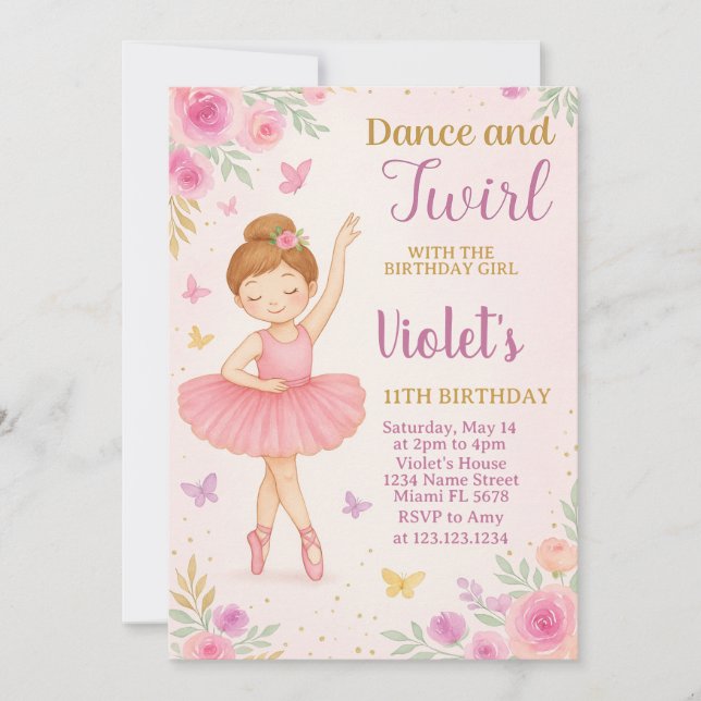 Invitación de cumpleaños de Trendy Ballerina (Anverso)
