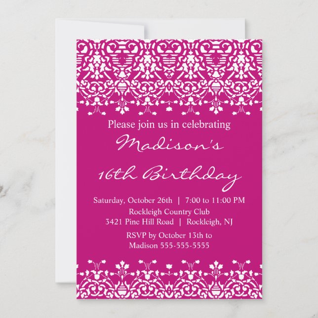 Invitación de cumpleaños de Trendy Damask Sweet (Anverso)