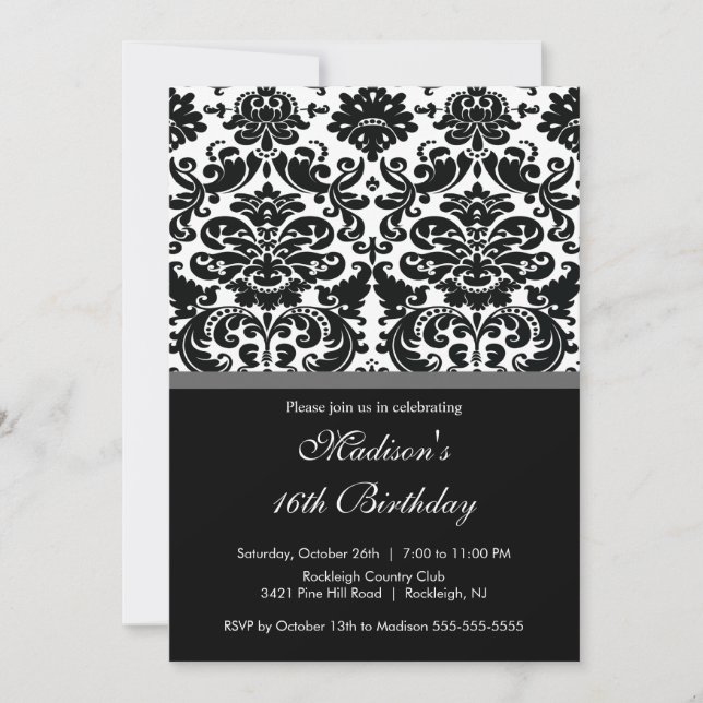 Invitación de cumpleaños de Trendy Damask Sweet (Anverso)