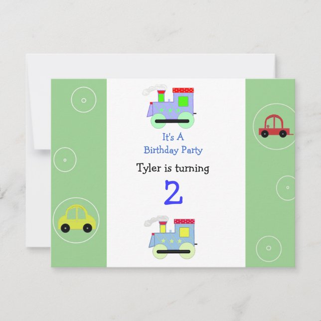 Invitación de cumpleaños de trenes y coches (Anverso)
