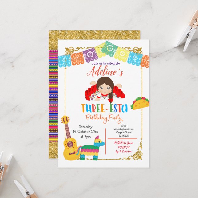 Invitación de cumpleaños de tres Chicas mexicanos (Anverso/Reverso In Situ)