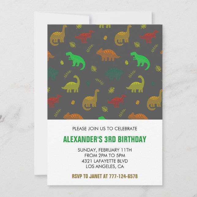 Invitación de cumpleaños de tres rex 3 años (Anverso)