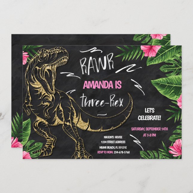 Invitación de cumpleaños de tres Rex de dinosaurio (Anverso / Reverso)