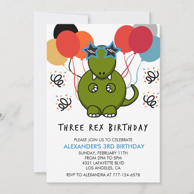 Invitación de cumpleaños de tres rex dinosaurio 3e (Anverso)
