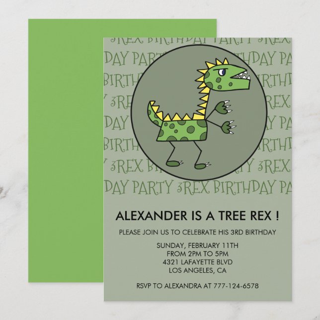 Invitación de cumpleaños de tres rex dinosaurio ni (Anverso / Reverso)