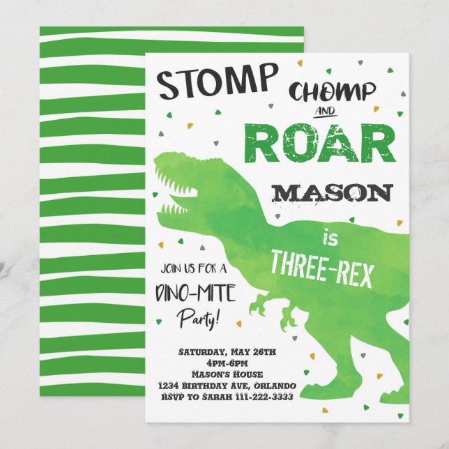 Invitación de cumpleaños de tres rex dinosaurios (Anverso / Reverso)