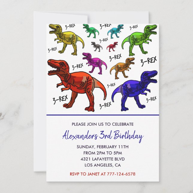 Invitación de cumpleaños de tres rex para niño col (Anverso)