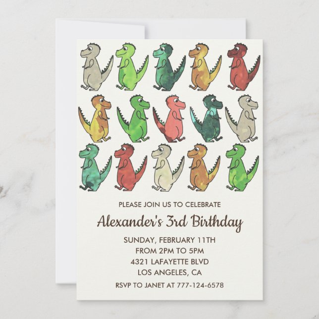 Invitación de cumpleaños de tres rex para niños de (Anverso)