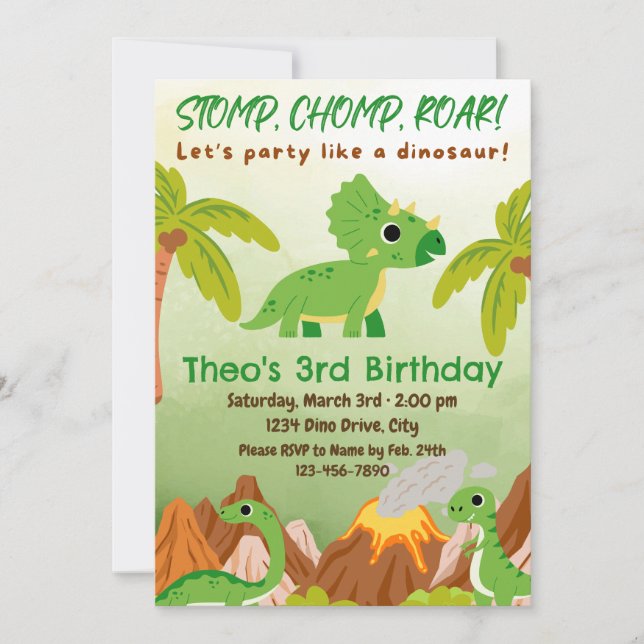 Invitación de cumpleaños de Triceratops (Anverso)