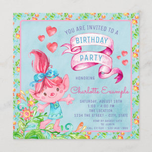 Invitación de cumpleaños de Troll con acuarela lin