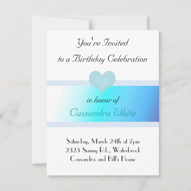 Invitación de cumpleaños de turquesa suave y azul (Anverso)