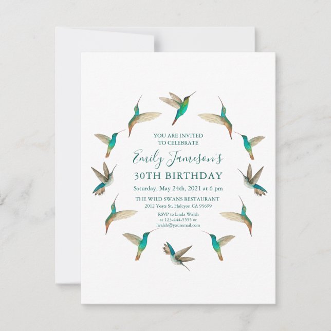 Invitación de cumpleaños de Turquoise Hummingbirds (Anverso)