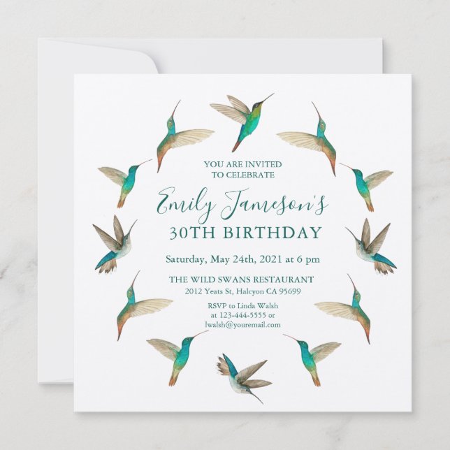 Invitación de cumpleaños de Turquoise Hummingbirds (Anverso)