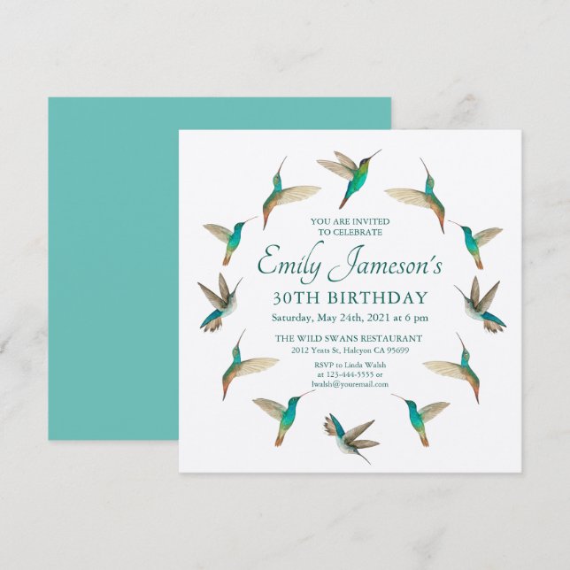 Invitación de cumpleaños de Turquoise Hummingbirds (Anverso / Reverso)