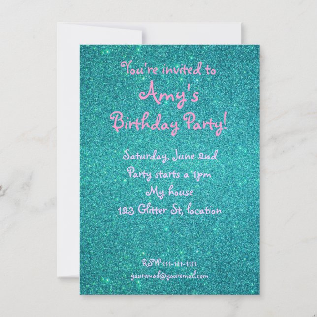 Invitación de cumpleaños de Turquoise purpurina (Anverso)