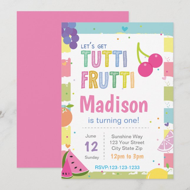 Invitación de cumpleaños de Tutti Fruitti a rayas (Anverso / Reverso)