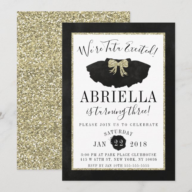 Invitación de cumpleaños de tutú negro y dorado (Anverso / Reverso)