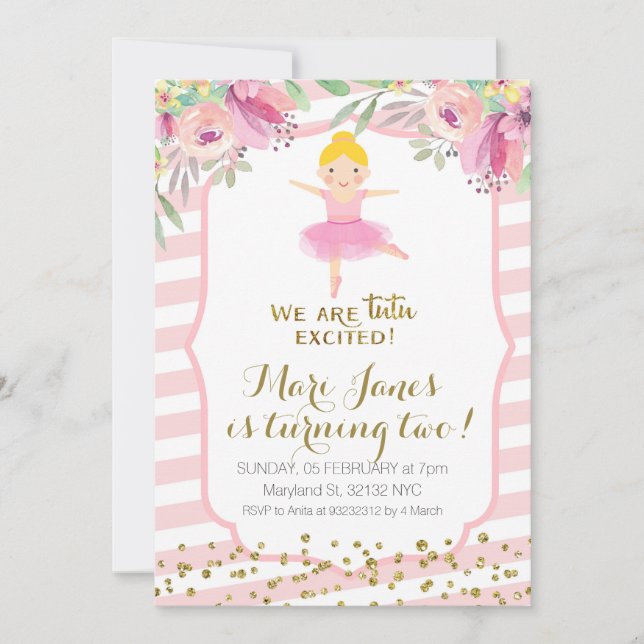 invitación de cumpleaños de tutu pink chica (Anverso)