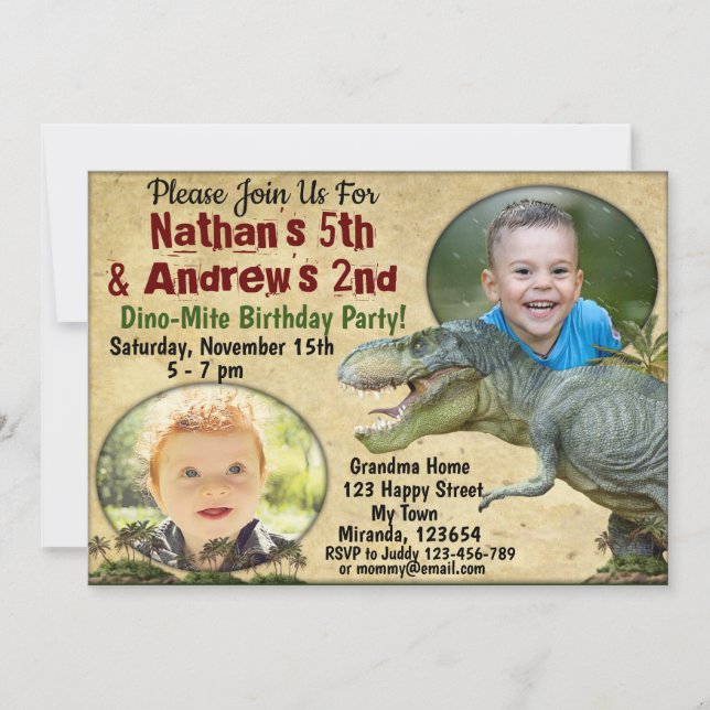 Invitación de cumpleaños de Twins Dinosaur,Invitac (Anverso)