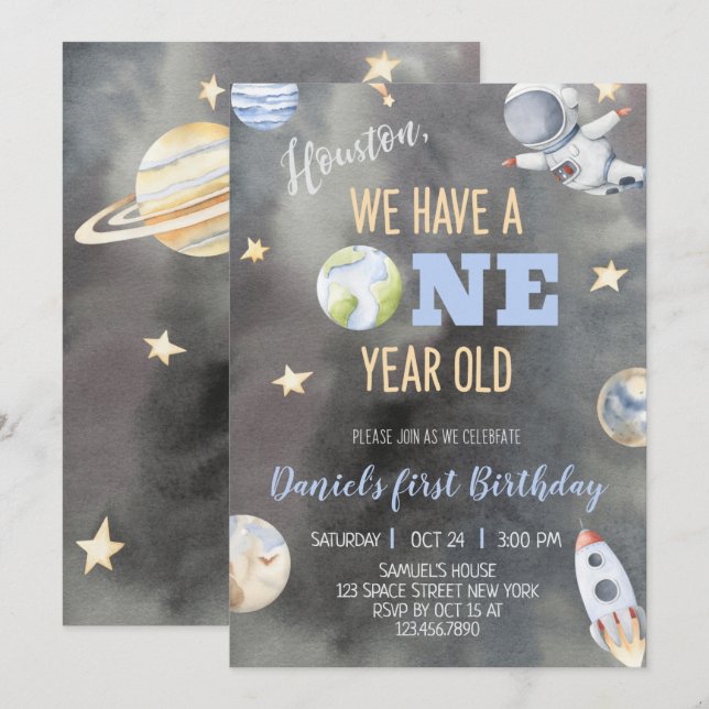 Invitación de cumpleaños de un año al espacio astr (Anverso / Reverso)